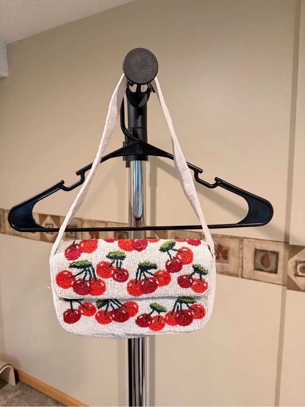 Beaded Cherry Shoulder Bag - White with Red Cherries